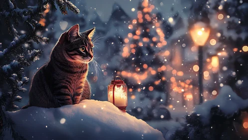 Cat watches lantern glow in softly falling winter snow