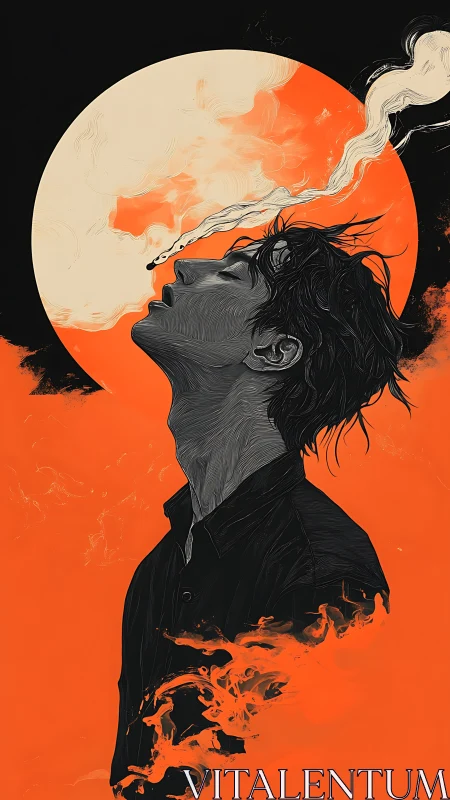Silhouetted man exhales smoke beneath large orange moon.