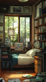 Sunlit book-nest bedroom glows with quiet morning stories.