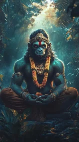 Simian deity in meditative pose rendered as luminous digital painting