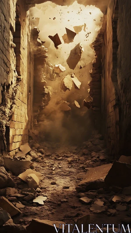 Stone corridor unravels upward in a storm of flying rubble