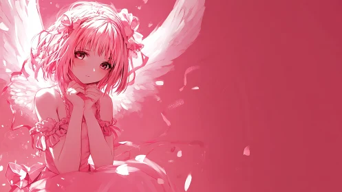 Pink angelic anime girl glows amid petals and soft wings.