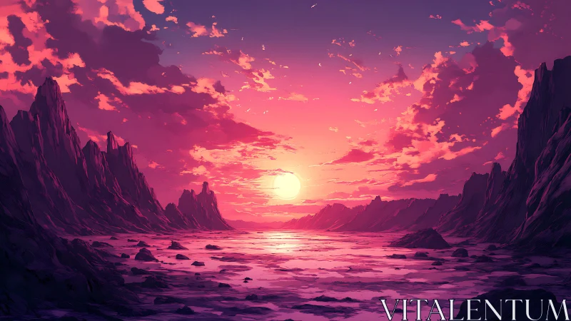 Crimson alien coastline under vivid setting sun sky.