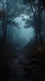 Misty forest path between tall trees with blue atmospheric fog