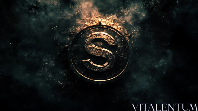 Metallic S emblem glowing in dark textured smoke field.