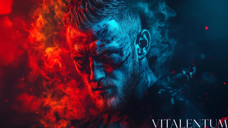 Warrior portrait split by neon fire and ice lighting clash.