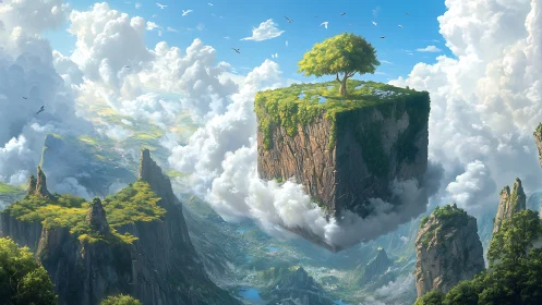 Floating Island with Solitary Tree Among Cloud-Shrouded Peaks