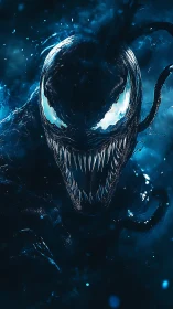Sinister alien symbiote portrait in blue cosmic haze.