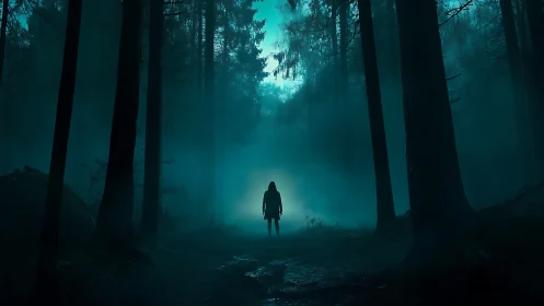 Lone figure stands in dark misty forest at night.