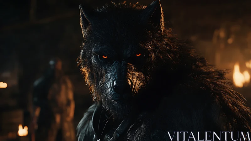 Midnight werewolf gazes back with fierce, fiery calm.