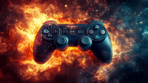 Gaming Controller Engulfed in Fiery Plasma Effects and Neon Light.