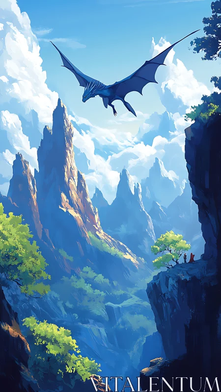 Skyward dragon over sunlit cliffs and wandering travelers.