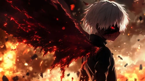 White haired antihero amid burning crimson wing flare.