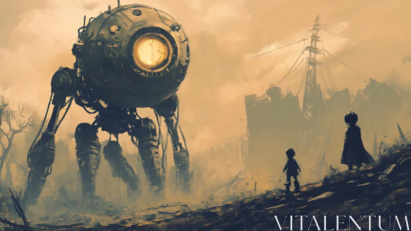 Large spherical robot and two figures in ruined landscape.