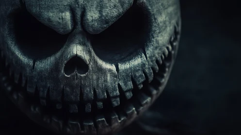 Grim carved skull face shows deep cracks and jagged teeth