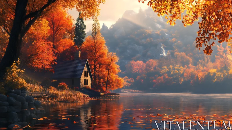 Lakeside cabin amid dense autumn forest and distant mountains.