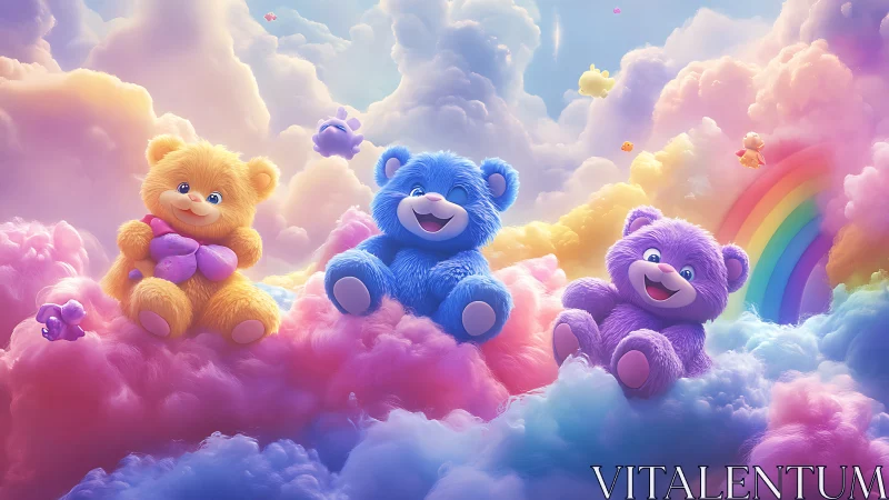 Cuddly rainbow bears giggle atop pastel dream clouds.