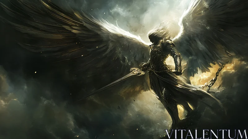 Armored angelic warrior dominates stormlit celestial sky.