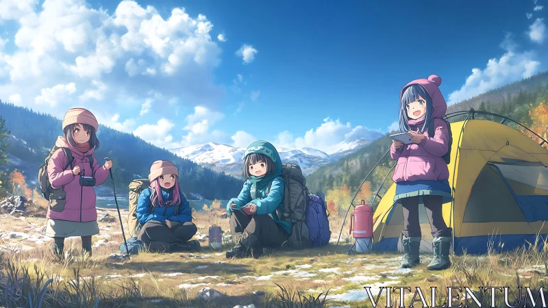 Joyful friends share a cozy campsite in bright mountain air