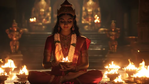 Serene temple goddess cradling festival firelight in silence.