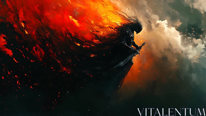 Flaming dark knight emerges from stormlit inferno sky