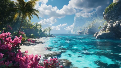 Bioluminescent Lagoon with Towering Cliffs and Vibrant Pink Blooms.