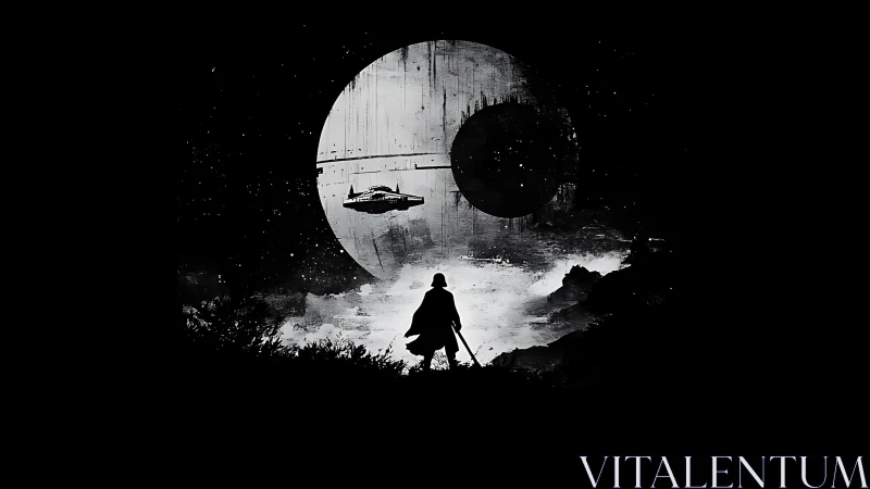 Silhouetted warrior confronts colossal orbital sphere in monochrome