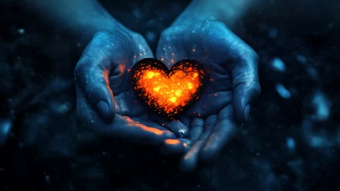 Luminous Heart in Palms: Digital Pyrotechnic Abstraction.