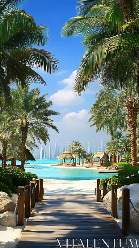 Tropical resort boardwalk leads toward turquoise urban lagoon