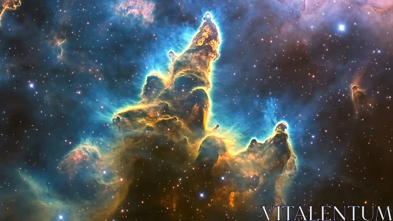 Ionized stellar nursery pillar with radiative shock front glow.