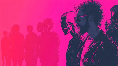 Man in leather jacket flanked by skull figures in neon pink