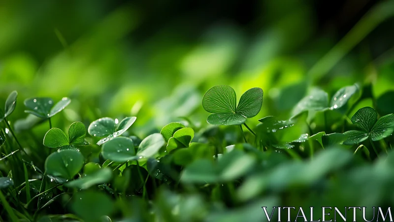 Macro clover leaves with dewdrops in luminous green bokeh field.