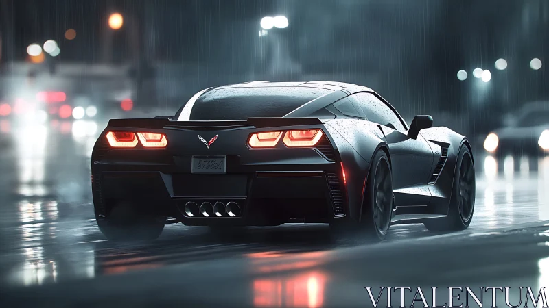 Sleek sports coupe in cinematic rain-soaked urban night.
