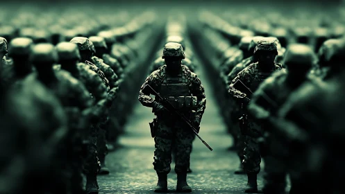 Central soldier breaks uniform ranks in stylized green formation