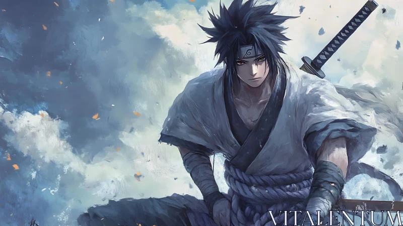 Stormy sky embraces a determined anime swordsman ready