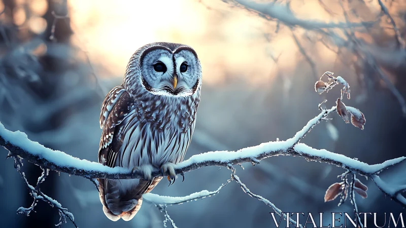 Majestic owl on snowy branch at sunrise, photorealistic winter scene.
