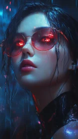 Cyberpunk portrait with neon reflections and wet-gloss finish.