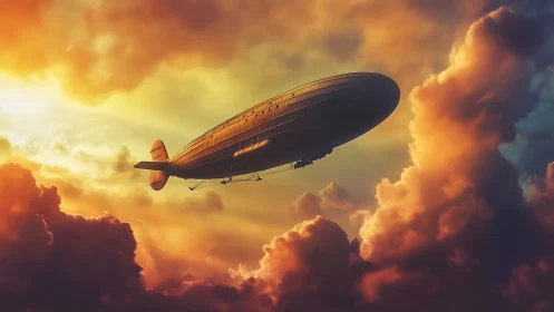 Dirigible silhouette traversing volumetric sunset cloudscape.