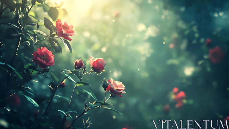 Crimson Blooms Dance Through Golden Light's Ethereal Embrace.