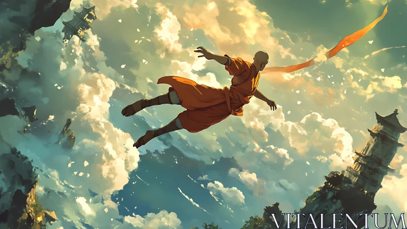 Skyborne monk glides between cloud temples at dawn’s edge.