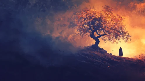 Solitary cloaked figure studies backlit tree on burning horizon