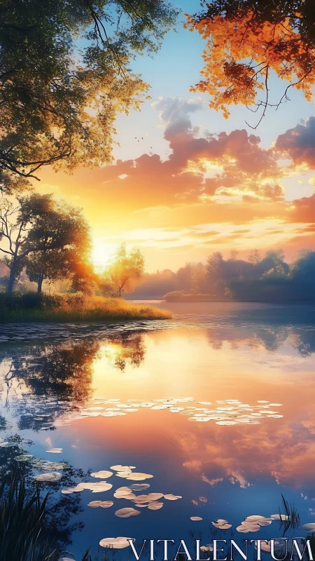 Sunset light over calm forest lake with lily pads reflected.