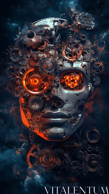 Clockwork cybernetic visage in molten orange glow.