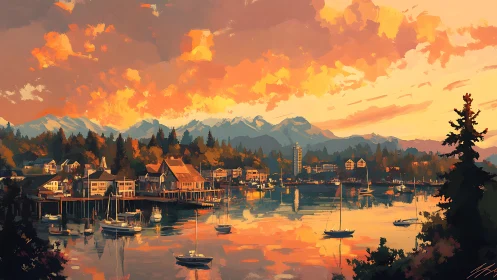 Sunlit harbor town rests beneath glowing mountain skies.