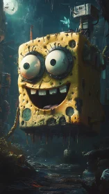 Grinning sponge-like mech hovers through eerie flooded ruins