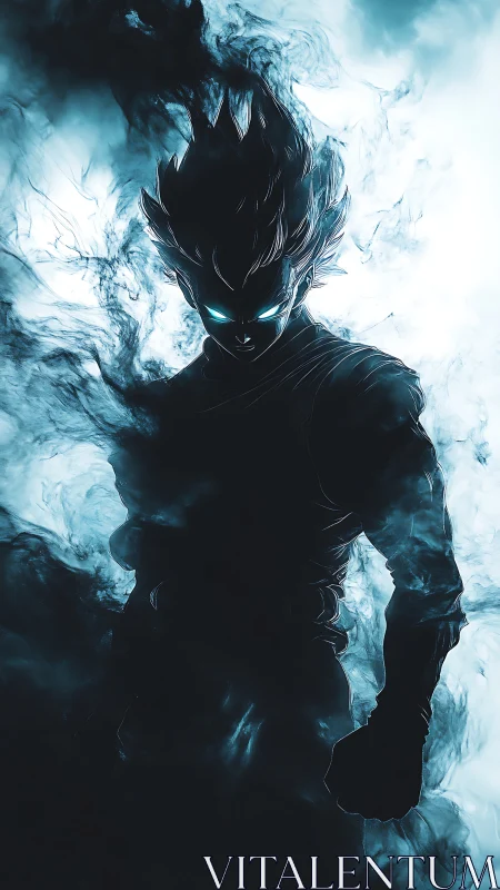 Mystical energy warrior rising from swirling blue shadows.