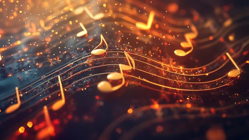 Golden music notes drifting through glowing night air.