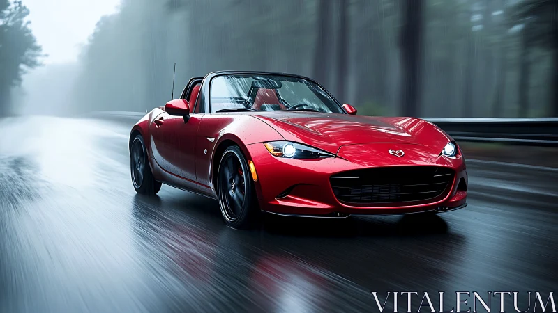 Red convertible sports car on wet forest highway at speed.