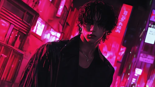 Cyberpunk neon portrait with high-contrast urban backlighting.