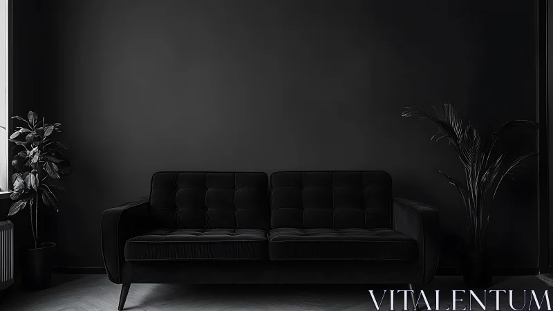 Velvet midnight sofa framed by plants in moody shadow play.